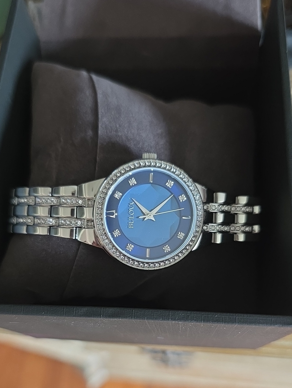 Bulova Silver Bracelet Watch with Blue Dial and Crystal Accents